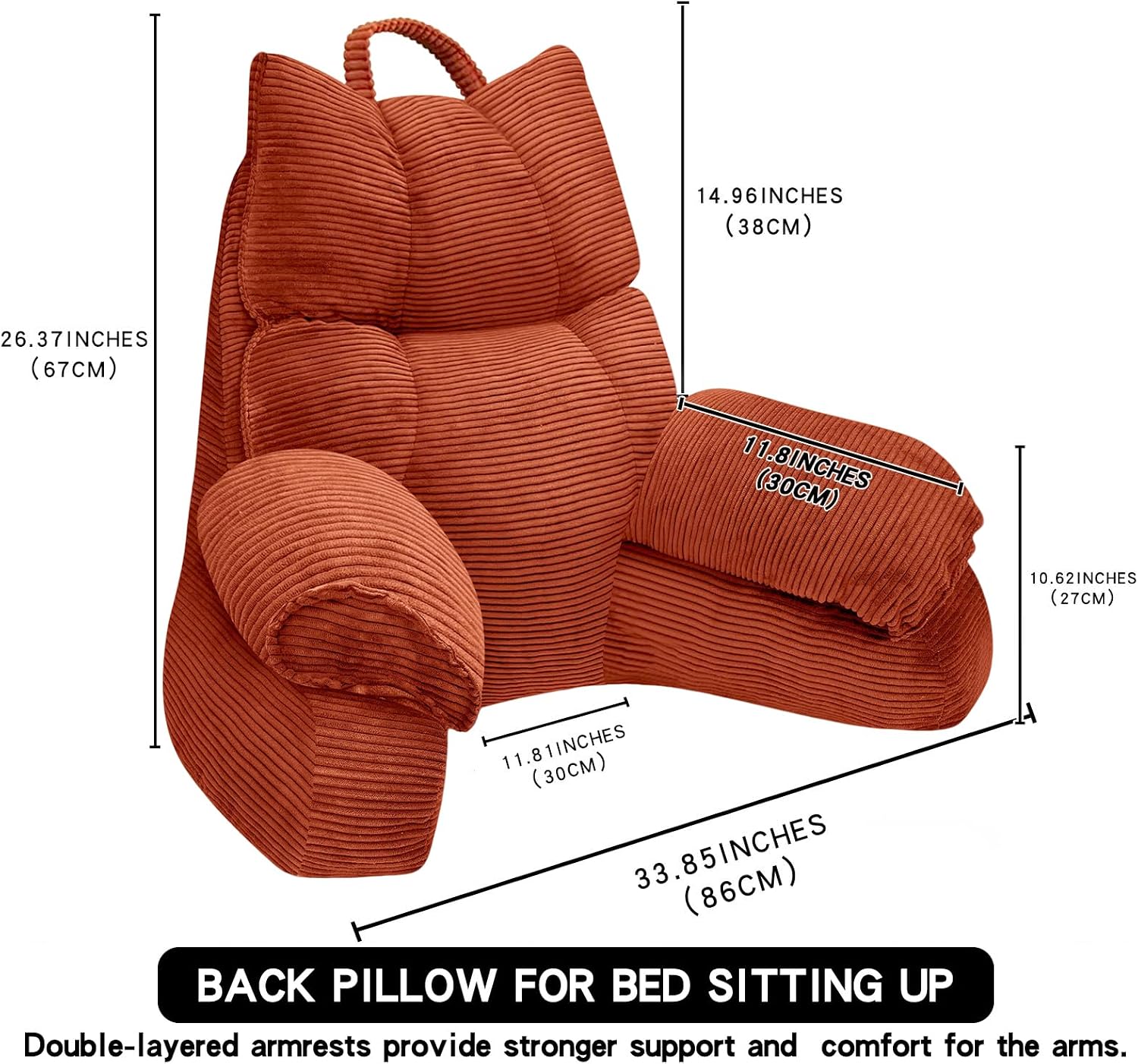 Brown back pillow for bed with dimensions labeled on a white background