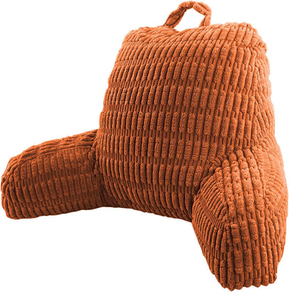 An orange-brown ribbed corduroy Y-back pillow with a top hanging loop, shown on a solid white background.
